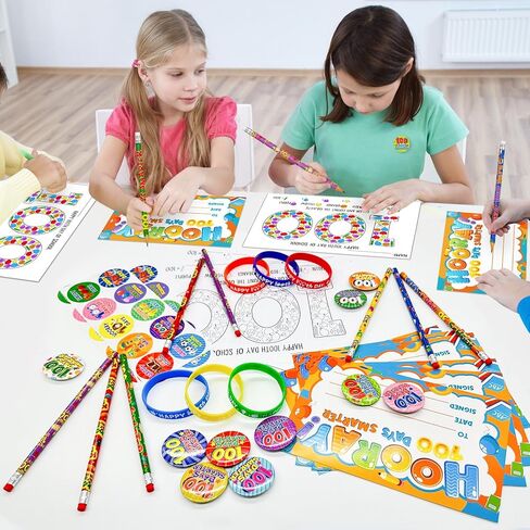 Cinrobiye 180 Pcs 100 Days of School Awards Set,Happy 100th Day Certificate of Award Rubber Bracelets Wristbands Coloring Posters Pencils 100 Days Smarter Badges Pins Stickers for School Party in Saudi Arabia