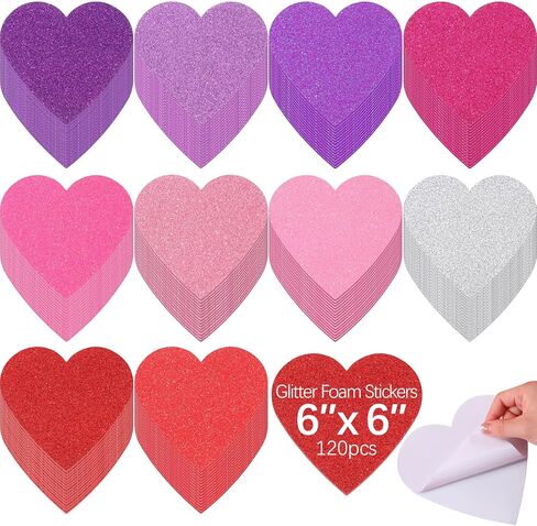 Tatuo 120 Pcs 6 Inch Foam Heart Stickers Bulk Self Adhesive EVA Foam Hearts Matte and Glitter Stickers for DIY Crafts, Valentine s Day Wedding Party Scrapbook Decoration(Glitter,Elegant Color) in Saudi Arabia