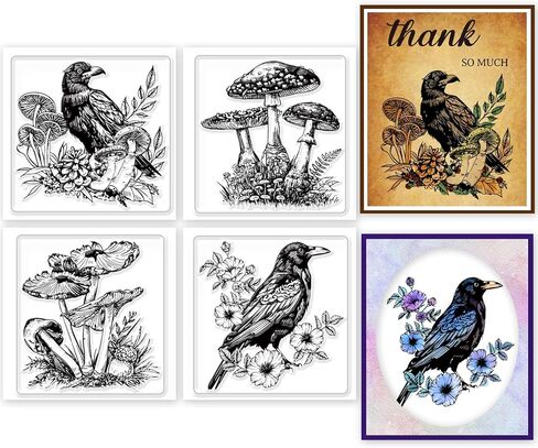 4Pcs 4 Styles PVC Plastic Clear Stamps, Raven and Mushroom Pattern Silicone Stamp, Silicone Transparent Rubber Stamp for DIY Scrapbooking Photo Album Decorative Cards Making, 2.17x2.17inch in Saudi Arabia
