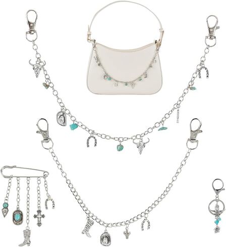 PLIGREAT 4 Styles Turquoise Purse Charm Chains, 12.5 Inch Trouser Chains Replacement Extension Chain for Women Western Cowboy Boots Keychain Bullhead Bag Charms for Handbag Wallet Crossbody in Saudi Arabia