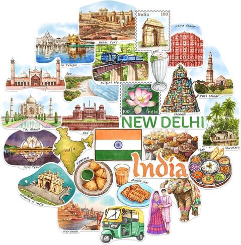 ملصقات السفر من Navy Peony Incredible India (28 قطعة) - نيودلهي، ملصقات مصورة يدويًا ذات طابع هندي للمجلات وسجلات القصاصات والأمتعة والأكواب in Saudi Arabia
