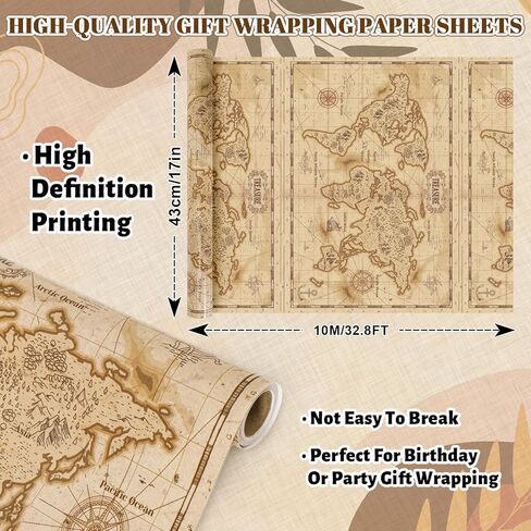 AnyDesign Vintage World Map Wrapping Paper - Mini Roll - 17 In x 32.8 Ft Brown Explore Treasure Map Gift Wrap Paper for DIY Crafts Birthday Holiday Party Supplies in Saudi Arabia