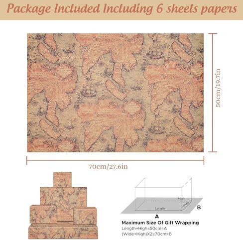 Vintage Retro Map Wrapping Paper, Antique Mysterious Ocean Sea Far East World Old Map Sailing Boat Nautical Kraft Wrap 6 Sheets Folded Flat 20x29 inches per Sheet for Traveller Libraries Birthday in Saudi Arabia