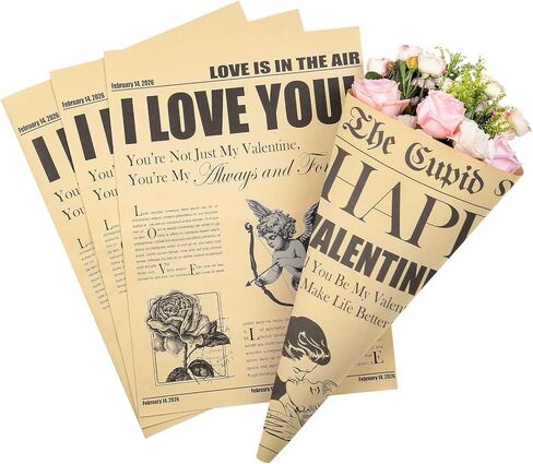 RUSPEPA 10 Sheets Kraft Newspaper Valentine's Day Flower Wrapping Paper, Vintage Romantic Black Cupid Post Design, Kraft Floral Bouquet Gift Wrap for Florist Supply, Wedding, Anniversary, DIY in Saudi Arabia