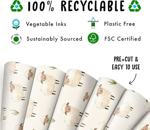 CENTRAL 23 Farm Animal Wrapping Paper - Sheep - 6 Sheets Of Gift Wrap For Kids Baby Boy Girl - Wrapping Paper For Birthday Baby Shower Baptism - Comes With Stickers in Saudi Arabia