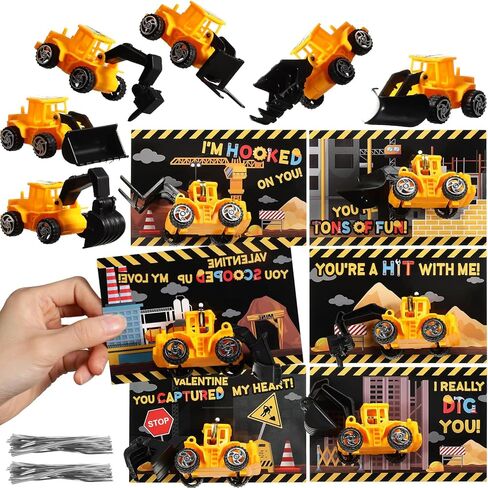 Tatuo 24 Set Valentines Day Cards with Construction Truck Toys Valentine's Greeting Cards Vehicles Truck Toys Valentines Classroom Exchange Gift School Prize Toys for Kids Valentine Party Favors in Saudi Arabia