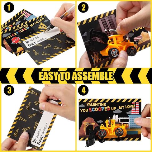 Tatuo 24 Set Valentines Day Cards with Construction Truck Toys Valentine's Greeting Cards Vehicles Truck Toys Valentines Classroom Exchange Gift School Prize Toys for Kids Valentine Party Favors in Saudi Arabia