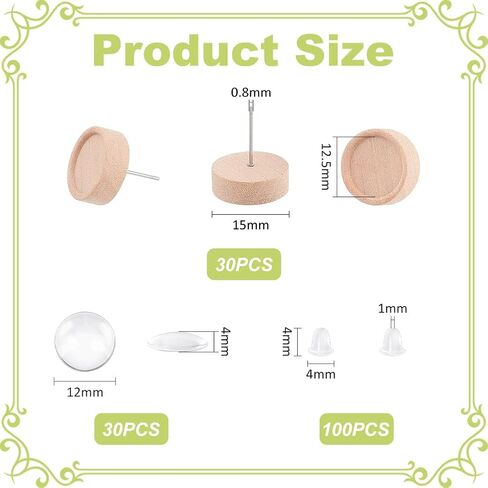 UNICRAFTALE 30 Sets Earring Studs Maple Wood Stud Earrings Cabochon DIY Blank Dome Stud Earring Making Kit Burlywood Stud Earring Making Accessories with Cabochons for DIY Earring Jewelry Making in Saudi Arabia