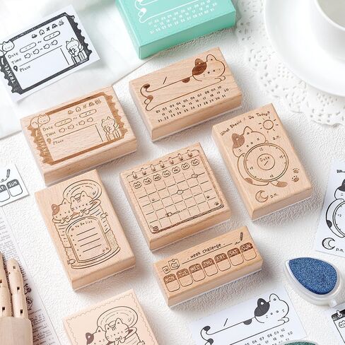 Cute Cat Planner Wooden Stamps Set, 6 Pieces, Calendar Habit Tracker to-Do List Weekly Challenge Designs, Journaling Scrapbook Diary Decor in Saudi Arabia