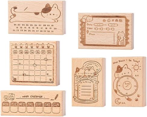 Cute Cat Planner Wooden Stamps Set, 6 Pieces, Calendar Habit Tracker to-Do List Weekly Challenge Designs, Journaling Scrapbook Diary Decor in Saudi Arabia
