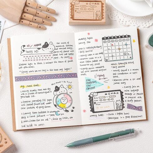 Cute Cat Planner Wooden Stamps Set, 6 Pieces, Calendar Habit Tracker to-Do List Weekly Challenge Designs, Journaling Scrapbook Diary Decor in Saudi Arabia
