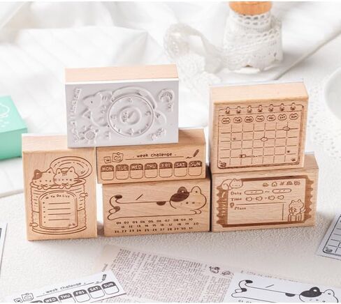Cute Cat Planner Wooden Stamps Set, 6 Pieces, Calendar Habit Tracker to-Do List Weekly Challenge Designs, Journaling Scrapbook Diary Decor in Saudi Arabia