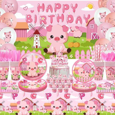 Pig Birthday Party Decorations - Pink Pig Party Supplies including Backdrop, Plate, Cake Topper, Cup, Napkin, Balloon, Tablecloth for Pig Party Decoration - Serves 20 in Saudi Arabia