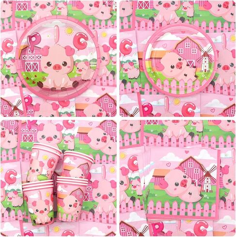 Pig Birthday Party Decorations - Pink Pig Party Supplies including Backdrop, Plate, Cake Topper, Cup, Napkin, Balloon, Tablecloth for Pig Party Decoration - Serves 20 in Saudi Arabia