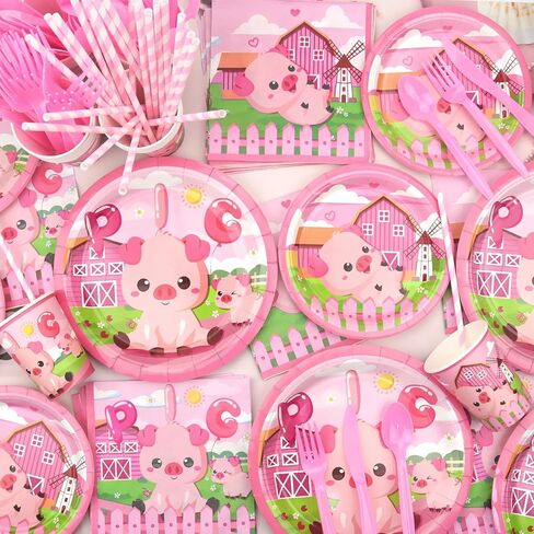 Pig Birthday Party Decorations - Pink Pig Party Supplies including Backdrop, Plate, Cake Topper, Cup, Napkin, Balloon, Tablecloth for Pig Party Decoration - Serves 20 in Saudi Arabia