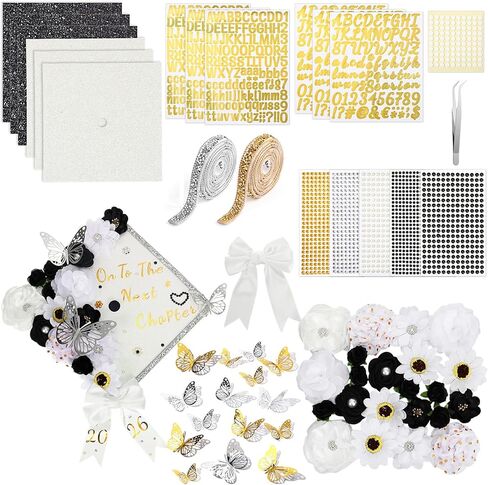 Wavwavw 68 Pcs DIY Graduation Cap Decorations Kit, Faux Flowers 3D Butterfly Bow Self Adhesive Rhinestones and Alphabet Letter Stickers for 2026 Grad Cap Topper Decor Graduation Party(Rose Gold) in Saudi Arabia