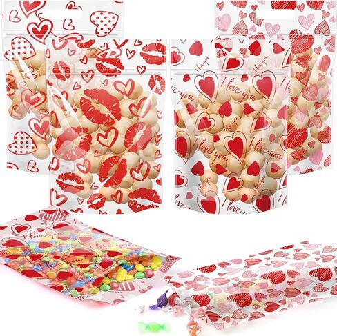 60 قطعة من أكياس هدايا عيد الحب من Hauwellter قابلة للإغلاق، أكياس حلوى جيدة مطبوعة على شكل قلب مع مقبض، حقيبة حلوى بلاستيكية حمراء بقفل بسحاب لمستلزمات تغليف هدايا عيد الحب وحفلات الزفاف in Kuwait