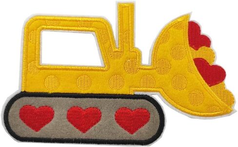 Valentines Day Outfit DIY, 6" Large Valentines Day Bulldozer with Red Heart Embroidered Iron On Patch Applique in Saudi Arabia