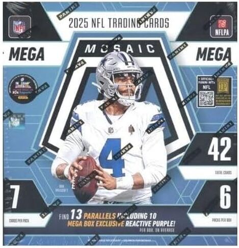 2025 بطاقات تداول Mosaic Football Mega Box، 7 بطاقات في كل عبوة، 6 عبوات في كل صندوق، إجمالي 42 بطاقة. 13 متوازيًا في كل صندوق in Kuwait