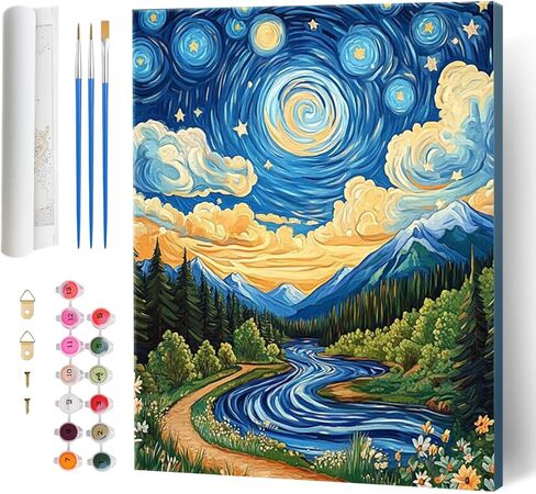 Hlison Paint by Numbers Kit for Adults, Moon Stream Landscape Paint by Number with Complete Sets, DIY Adult Paint by Number for Home Decor Gift - 16x20 Inch in Kuwait