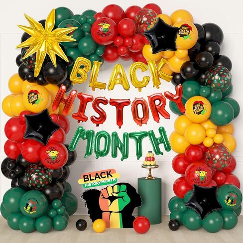 Ouddy Life 154Pcs Black History Month Decorations, History Month Balloons with Green Red Yellow Black History Printed Letter Stars Foil Balloon for African American in Saudi Arabia