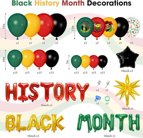 Ouddy Life 154Pcs Black History Month Decorations, History Month Balloons with Green Red Yellow Black History Printed Letter Stars Foil Balloon for African American in Saudi Arabia