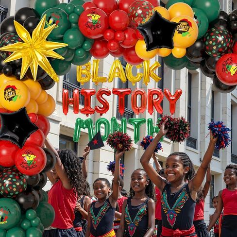Ouddy Life 154Pcs Black History Month Decorations, History Month Balloons with Green Red Yellow Black History Printed Letter Stars Foil Balloon for African American in Saudi Arabia
