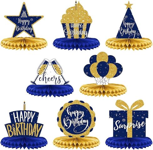 8Pcs Blue and Gold Happy Birthday Honeycomb Centerpieces, Navy Blue Birthday Table Decorations for Men Women Teens, 3D Paper Table Toppers with Balloons Gift Box Cupcake Cheers Signs in Saudi Arabia