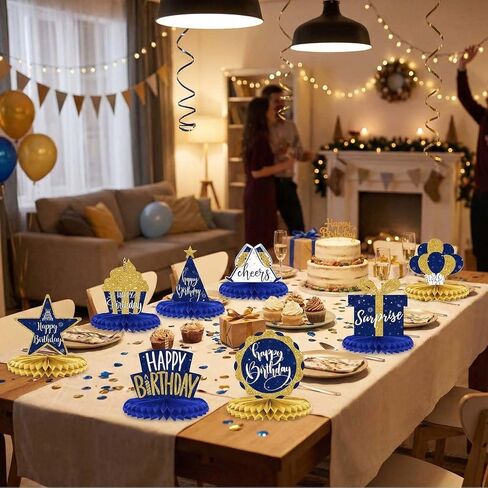 8Pcs Blue and Gold Happy Birthday Honeycomb Centerpieces, Navy Blue Birthday Table Decorations for Men Women Teens, 3D Paper Table Toppers with Balloons Gift Box Cupcake Cheers Signs in Saudi Arabia