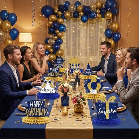 8Pcs Blue and Gold Happy Birthday Honeycomb Centerpieces, Navy Blue Birthday Table Decorations for Men Women Teens, 3D Paper Table Toppers with Balloons Gift Box Cupcake Cheers Signs in Saudi Arabia