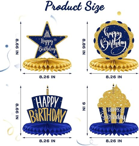 8Pcs Blue and Gold Happy Birthday Honeycomb Centerpieces, Navy Blue Birthday Table Decorations for Men Women Teens, 3D Paper Table Toppers with Balloons Gift Box Cupcake Cheers Signs in Saudi Arabia