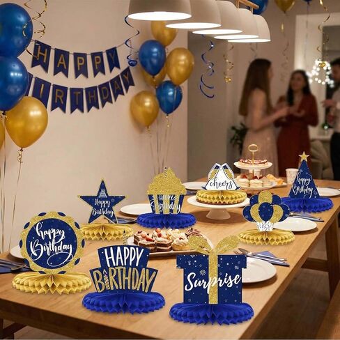 8Pcs Blue and Gold Happy Birthday Honeycomb Centerpieces, Navy Blue Birthday Table Decorations for Men Women Teens, 3D Paper Table Toppers with Balloons Gift Box Cupcake Cheers Signs in Saudi Arabia