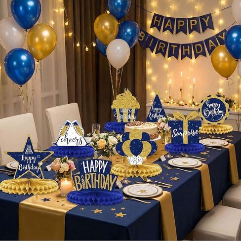 8Pcs Blue and Gold Happy Birthday Honeycomb Centerpieces, Navy Blue Birthday Table Decorations for Men Women Teens, 3D Paper Table Toppers with Balloons Gift Box Cupcake Cheers Signs in Saudi Arabia