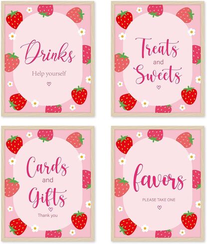 4Pcs Strawberry Table Signs Pink Red Strawberry Flower Centerpieces Watercolor Tabletop Sign for Baby Shower Birthday Party Supplies, 8 x 10 Inch in Saudi Arabia