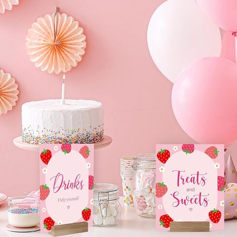 4Pcs Strawberry Table Signs Pink Red Strawberry Flower Centerpieces Watercolor Tabletop Sign for Baby Shower Birthday Party Supplies, 8 x 10 Inch in Saudi Arabia
