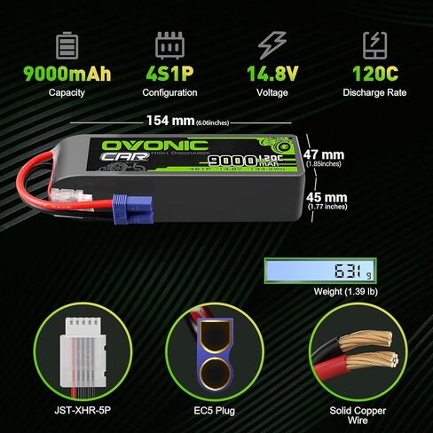 OVONIC 4S LiPo Battery 14.8V 9000mAh 120C with EC5 Plug for RC Car RC Truck Airplane Helicopter Boat Car Racing RC Hobby (2 Packs) in Saudi Arabia