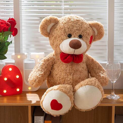 HollyHOME Teddy Bear Stuffed Animal Plush Toy with Red Bow and Heart Patch Soft Cuddly Teddy Bears Holiday Toys for Girlfriend Lover Mom Kids Valentines Birthdays Gifts Home Decor Gift 24 inches Tan in Saudi Arabia