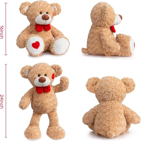 HollyHOME Teddy Bear Stuffed Animal Plush Toy with Red Bow and Heart Patch Soft Cuddly Teddy Bears Holiday Toys for Girlfriend Lover Mom Kids Valentines Birthdays Gifts Home Decor Gift 24 inches Tan in Saudi Arabia