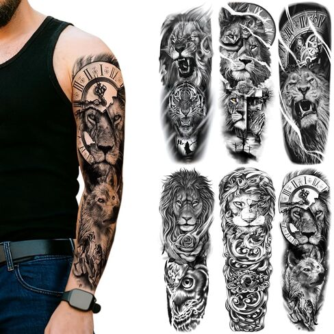 Military Temporary Tattoo Sleeves, Full Arm Large War Soldier Fake Tattoos Sleeve For Men Women Adult, Black Long Lasting Patriotic Warrior Temp Tatoo Sticker Leg Body Art Makeup, 6-Sheet in Saudi Arabia