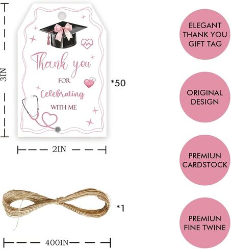 50pcs Gongrats Nurse Thank You Tags, Pink Bows Graduation Gift Tag with String for Nurse Grad, Nursing Thank You Paper Tags for Medical School Graduation Party Favors in Saudi Arabia