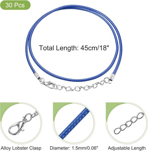 MECCANIXITY 30pcs 18 Inch Waxed Necklace Cord, 1.5mm Bulk Necklace String with 2 Inch Extension Chain Waxed Leather Cord Rope for Jewelry Making DIY Bracelet Pendant,Navy Blue in Saudi Arabia