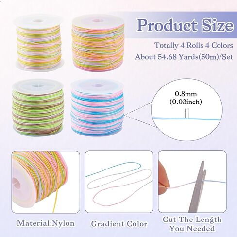 KISSITTY 216 Yards 0.8mm Gradient Color Nylon Braided String Threads Beading Chinese Knot Making Craft Cords for Friendship Bracelets Jewelry Making Hair Cloth Decorations in Saudi Arabia
