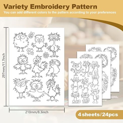 24Pcs Cute Cat Bird Water Soluble Hand Sewing Stabilizers, 8.3"x11.7" Funny Animal Embroidery Pattern Stabilizer, 4 Sheets Fluffy Cat Bird Stick and Stitch Embroidery Paper Sticker in Saudi Arabia