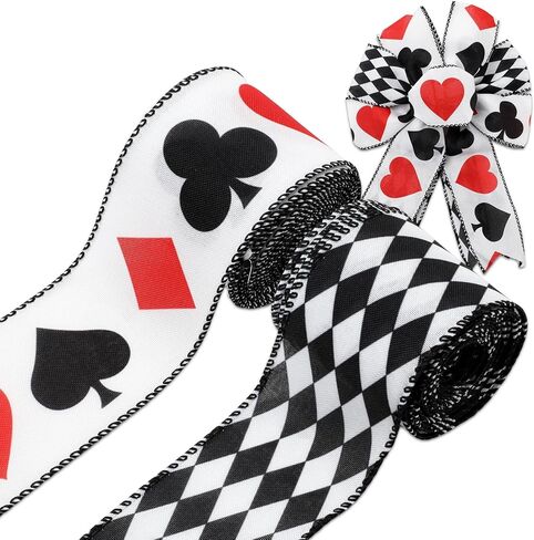JarThenaAMCS 20 Yards Casino Poker Wired Edge Ribbon Fabric Ribbon Roll Black White Checkered Playing Card Craft Ribbons for Gaming Night Decoration DIY Bow, 2.5 Inch, 2 Roll in Saudi Arabia