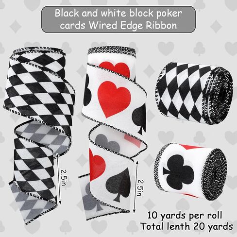 JarThenaAMCS 20 Yards Casino Poker Wired Edge Ribbon Fabric Ribbon Roll Black White Checkered Playing Card Craft Ribbons for Gaming Night Decoration DIY Bow, 2.5 Inch, 2 Roll in Saudi Arabia