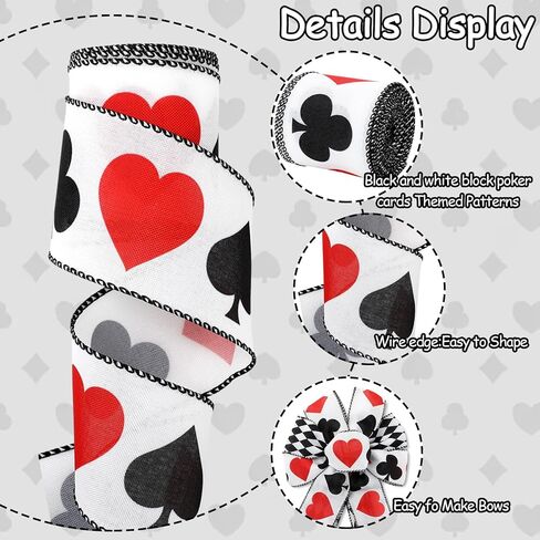 JarThenaAMCS 20 Yards Casino Poker Wired Edge Ribbon Fabric Ribbon Roll Black White Checkered Playing Card Craft Ribbons for Gaming Night Decoration DIY Bow, 2.5 Inch, 2 Roll in Saudi Arabia