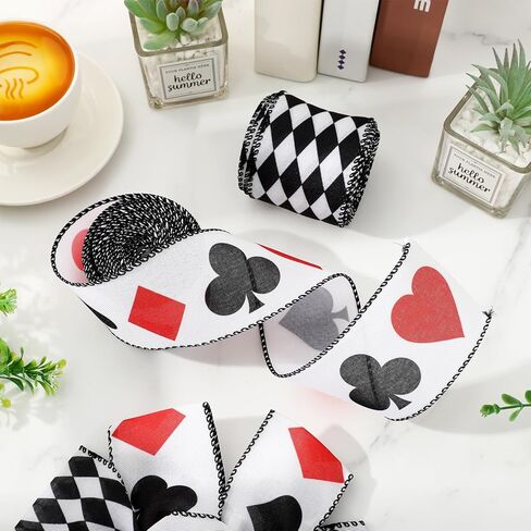 JarThenaAMCS 20 Yards Casino Poker Wired Edge Ribbon Fabric Ribbon Roll Black White Checkered Playing Card Craft Ribbons for Gaming Night Decoration DIY Bow, 2.5 Inch, 2 Roll in Saudi Arabia