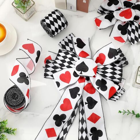 JarThenaAMCS 20 Yards Casino Poker Wired Edge Ribbon Fabric Ribbon Roll Black White Checkered Playing Card Craft Ribbons for Gaming Night Decoration DIY Bow, 2.5 Inch, 2 Roll in Saudi Arabia