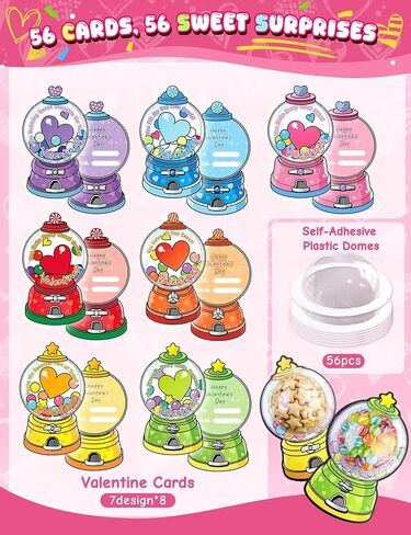 56 PCS Gumball Machine Valentines Candy Card Set, DIY Valentine Cards with Plastic Domes, Valentines for Kids Party Favor, Valentine School Classroom Exchange Prizes for Girls Boys（No Snacks Inside） in Saudi Arabia