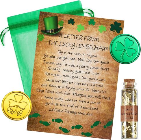 St. Patrick's Day Leprechaun Trap Kit Leprechaun Letter Shamrock Green Gold Coins Printed Hat Footprints Note Mini Lucky Gold Glitter in a Corked Bottle for Irish Trap Gift Toy Party Decor in Saudi Arabia